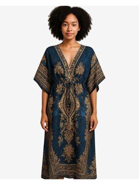 Boho Kaftan Maxi Dress Womens One Size Blue Gold Paisley V-Neck Beach Cover Up